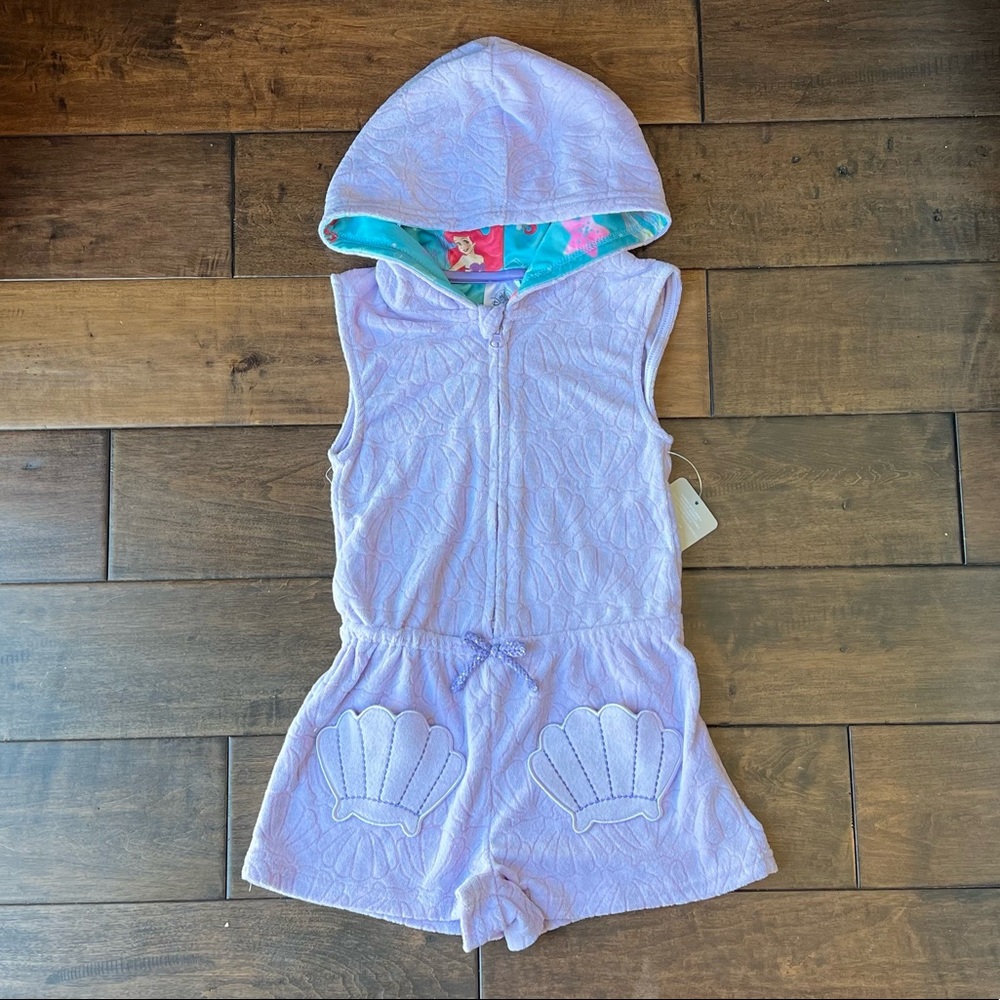 NWT Disney Girls 5/6 Purple Shell Princess Ariel Hooded Swim Cover Up Romper